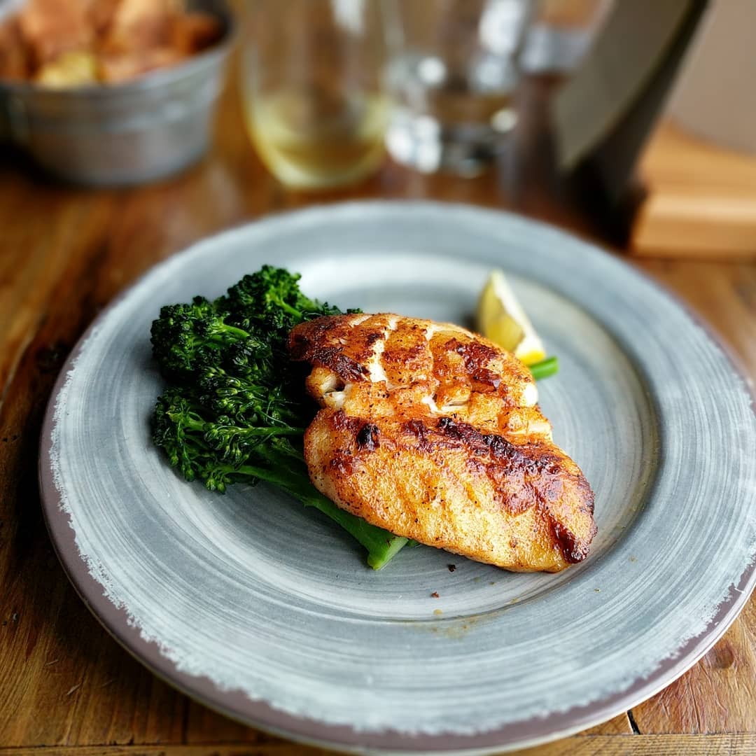 And dinner… Blackened grouper with broccolini. In the background, some salt and vinegar chips… Because I’m British… #foodporn