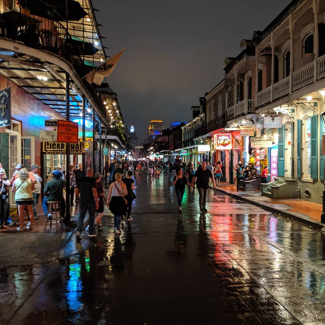 Bourbon Street on a rainy Friday night.