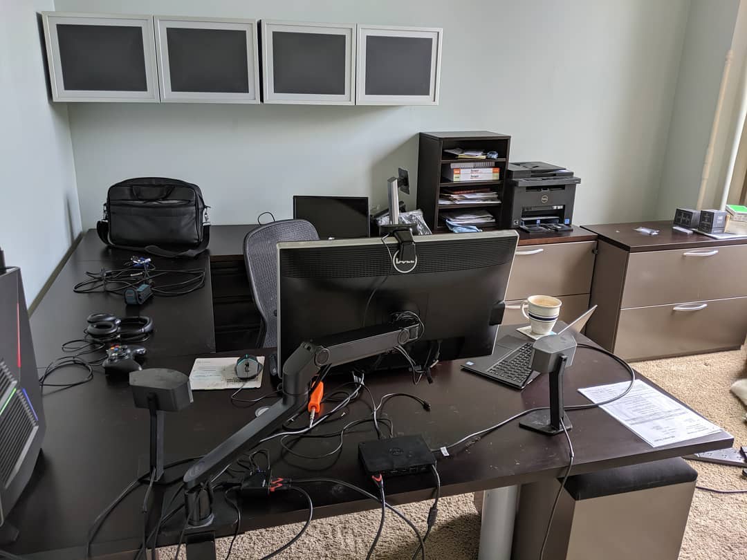 4 years after moving in and the home office is finally shaping up.  #citylife #stlouis #workfromhome 
Cleared out the old stuff over the weekend and installed a much needed ceiling fan. Got this wonderful new office set delivered today. Now just getting it cable managed and everything stored!