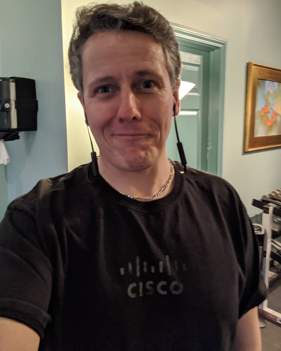 Me at the gym in my Cisco shirt. It’s faded and ill-fitting… Sort of like Cisco…