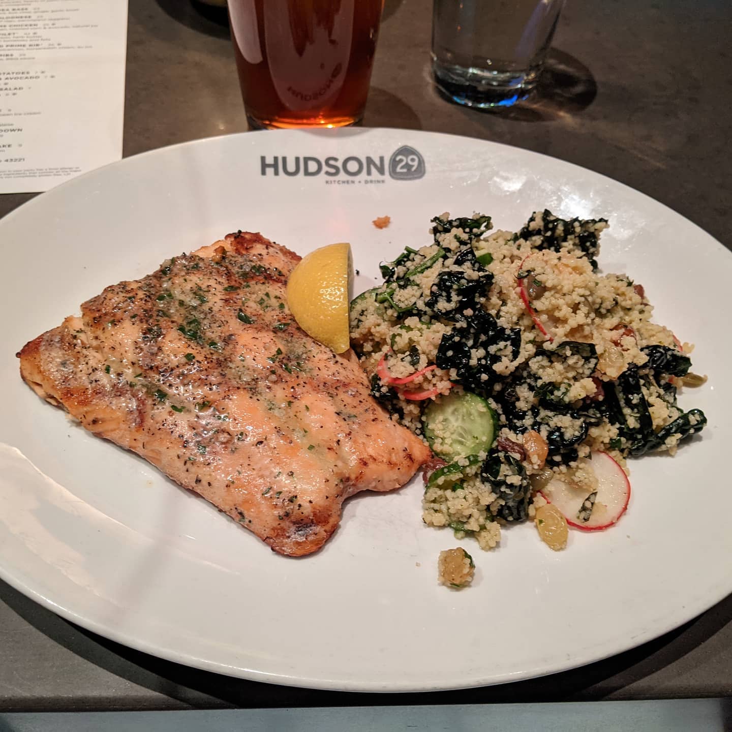 Unexpected #foodporn at #hudson29upperarlington after I got caught up in heavy enough snow that I decided driving another two hours was too dangerous.Really good salmon and couscous, along with a very nice amber ale. Thank you for the lovely evening before I go crash in my hotel next door and watch a movie 🙂