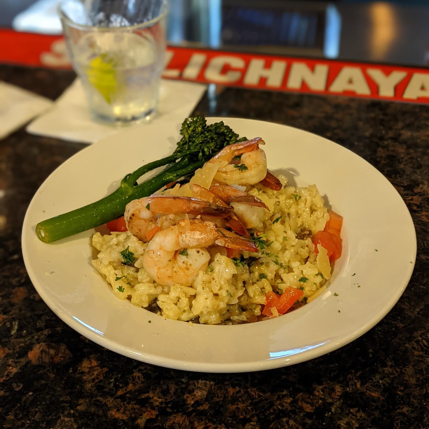 No complaints about the hotel bar here. A great shrimp risotto to end my Saturday night. #foodporn