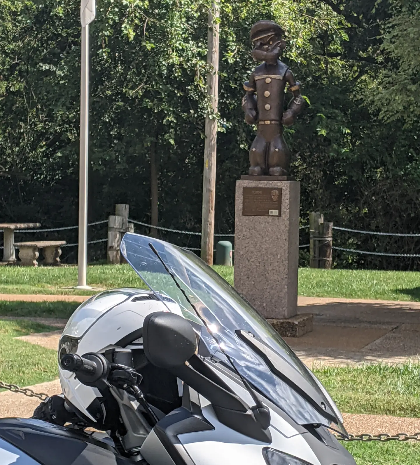 A new bike isn't really mine until I've introduced her to the watchful gaze of Popeye... #popeyestatue #ridingtherapy #ridingillinois