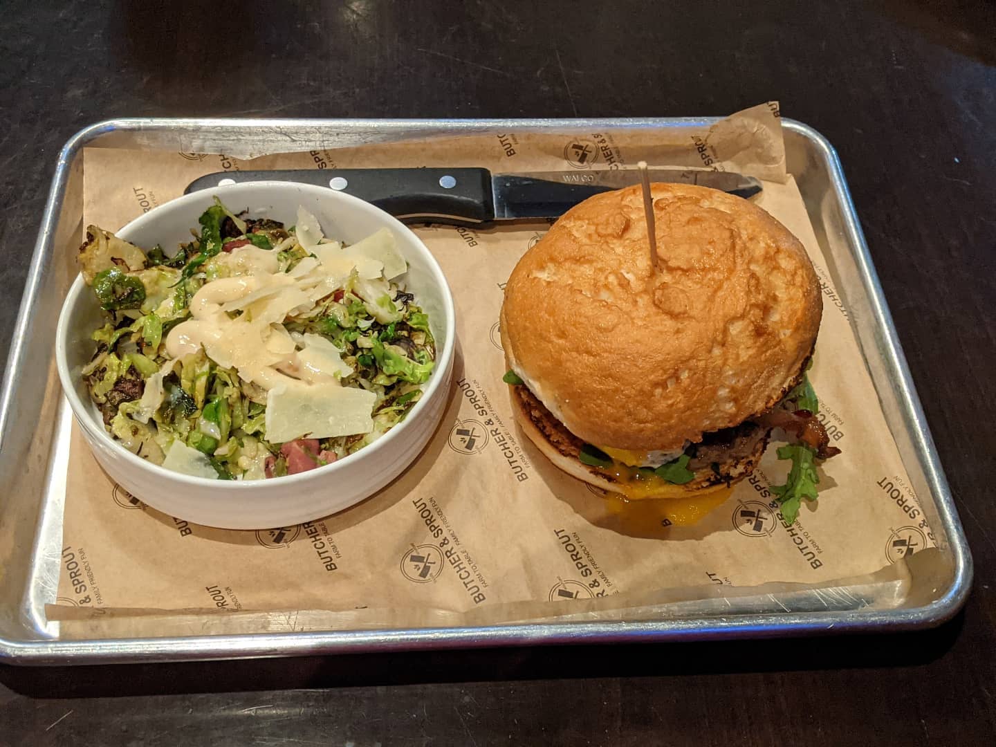 Ohio #foodporn. And really good. The Breakfast Burger with a gluten free bun, and shaved Brussels sprouts.