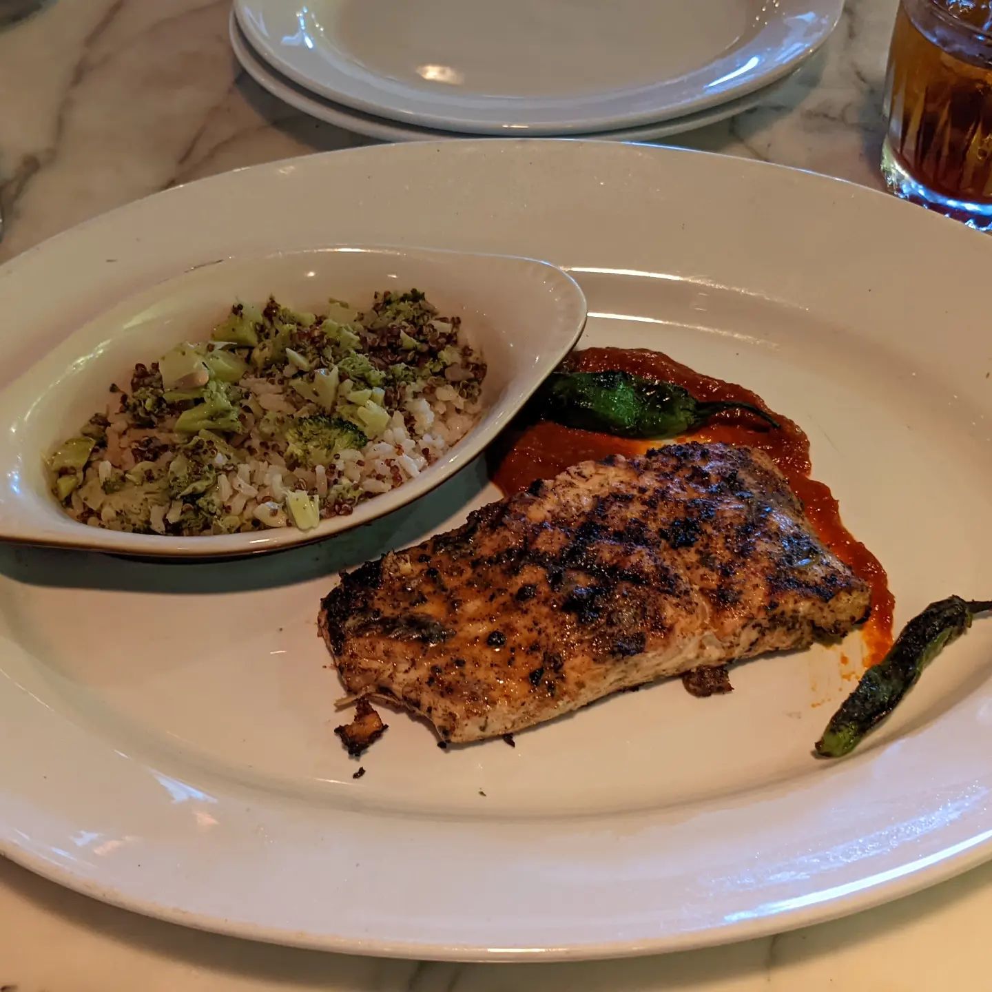 Oh. My. God.And because I've been asked;SALMON Spice Rub | Romesco | Garlic | Parsley | Lemon | Brown Rice | Quinoa | Toasted Garlic | Broccoli Tops#foodporn #detroit #beausgrillery