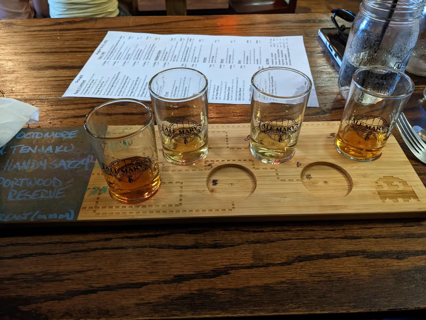 Mmmmm... Whiskey flight at Ale Mary's. Bruichladdich Octomore, Tenjaku Pure Malt, Thomas Handy Sazerac and Dalmore Portwood Reserve