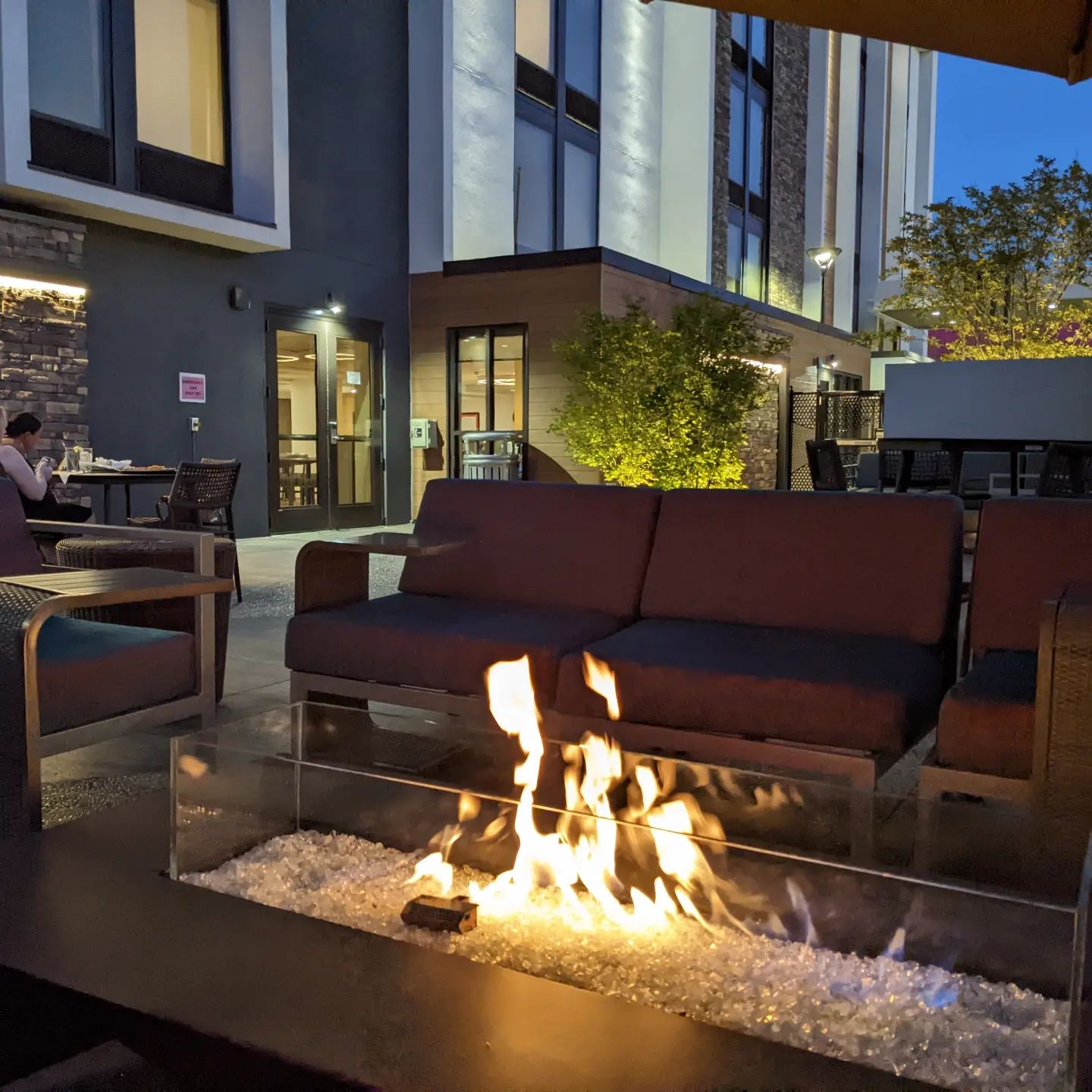 A glass of bourbon, a fountain off to my right and a fire on the patio at the hotel is an amazing way to chill after a long day in the saddle.